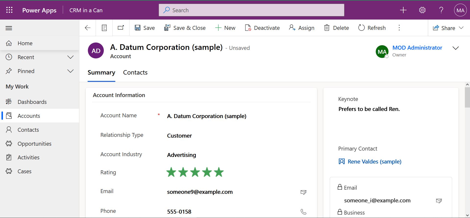 Screenshot of an account in CRM in a Can
